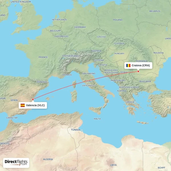 Valencia - Craiova direct flight map