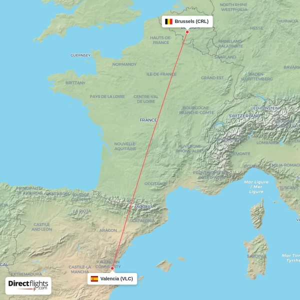 Valencia - Brussels direct flight map