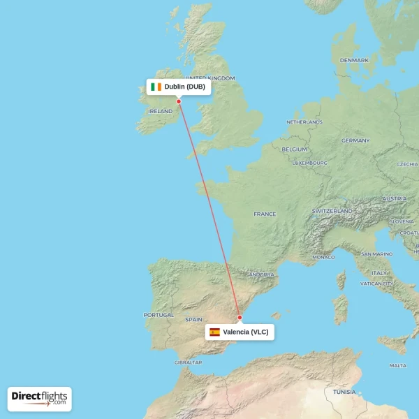 Valencia - Dublin direct flight map