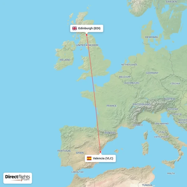 Valencia - Edinburgh direct flight map