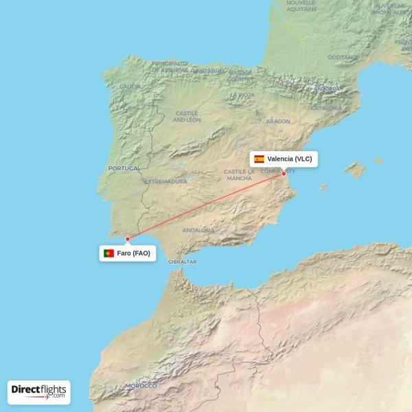 Valencia - Faro direct flight map