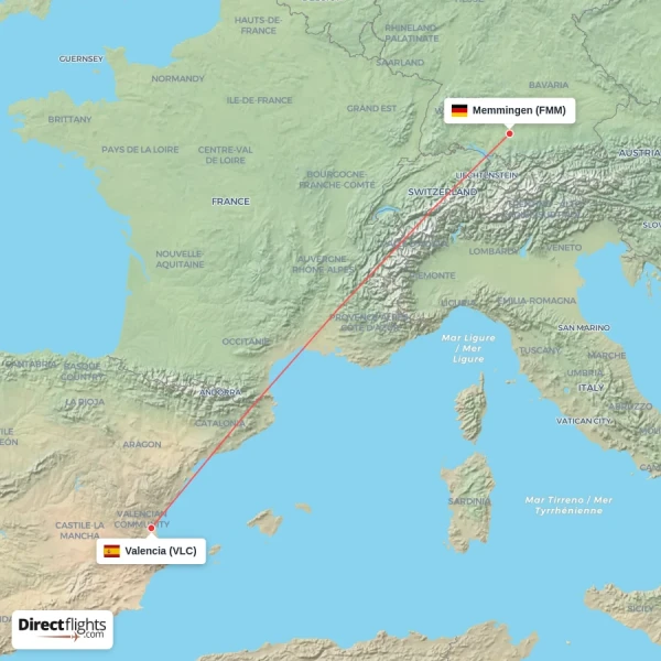 Valencia - Memmingen direct flight map