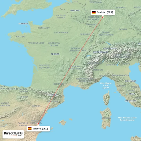 Valencia - Frankfurt direct flight map