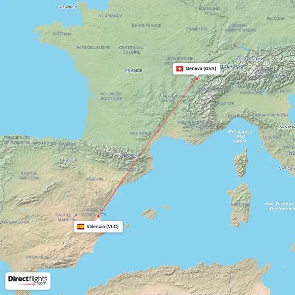 Valencia - Geneva direct flight map