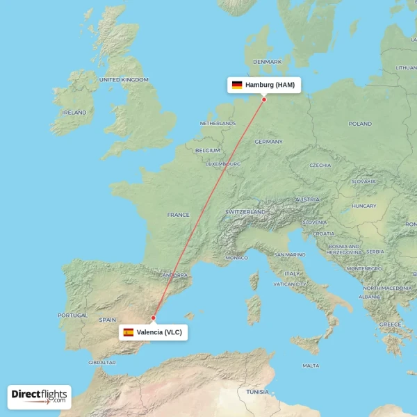 Valencia - Hamburg direct flight map