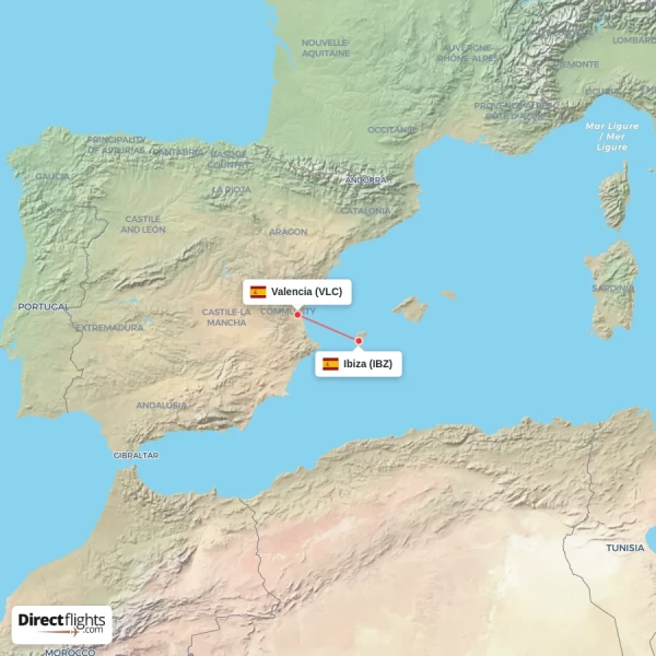 Valencia - Ibiza direct flight map