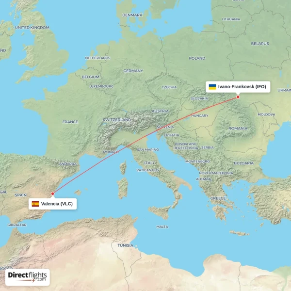 Valencia - Ivano-Frankovsk direct flight map