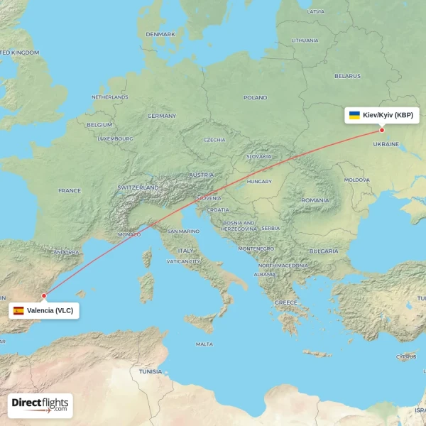 Valencia - Kiev/Kyiv direct flight map
