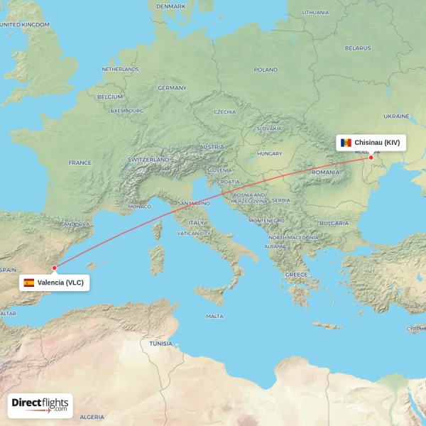 Valencia - Chisinau direct flight map