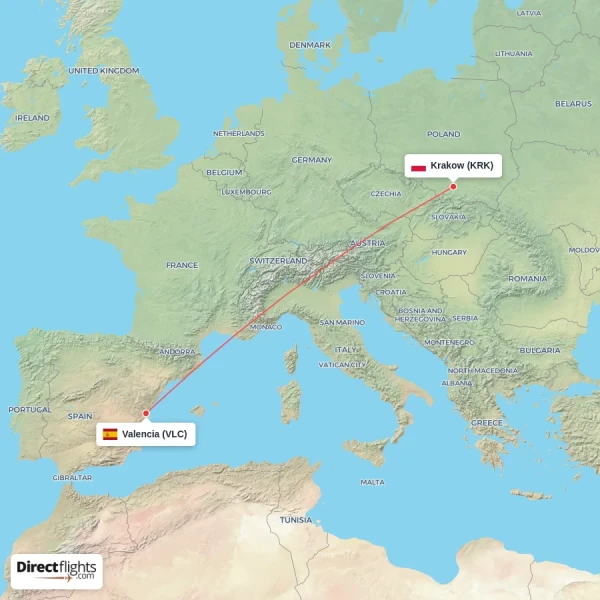 Valencia - Krakow direct flight map