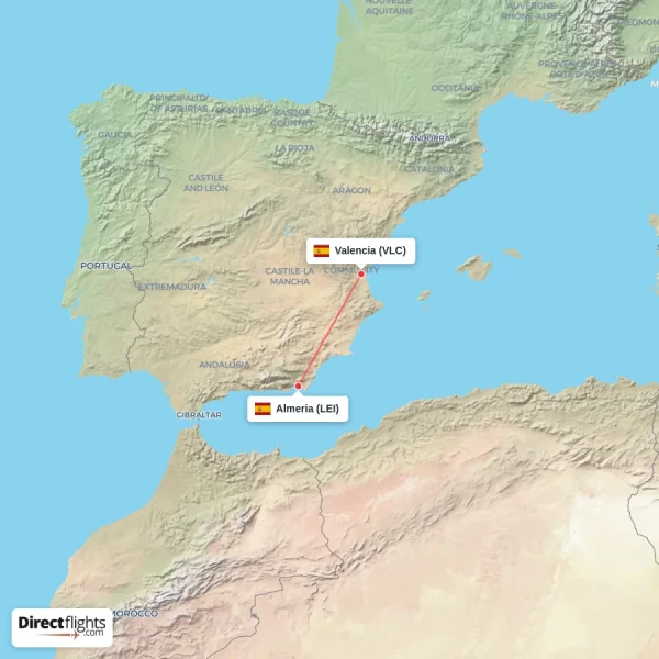 Valencia - Almeria direct flight map