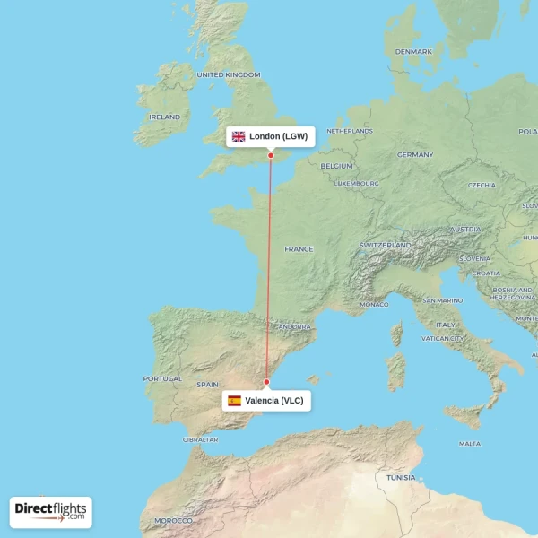 Valencia - London direct flight map