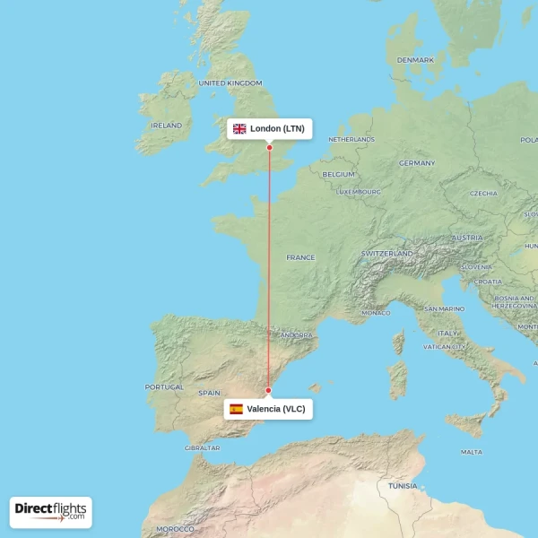 Valencia - London direct flight map
