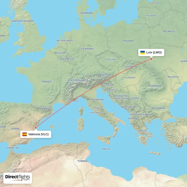 Valencia - Lviv direct flight map