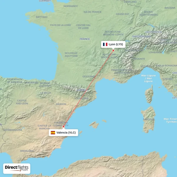 Valencia - Lyon direct flight map
