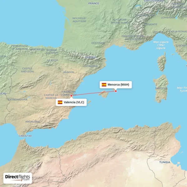 Valencia - Menorca direct flight map