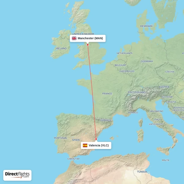 Valencia - Manchester direct flight map