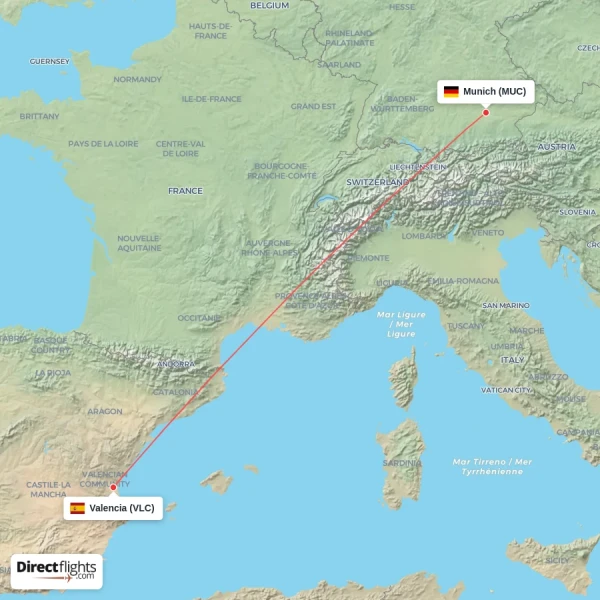 Valencia - Munich direct flight map