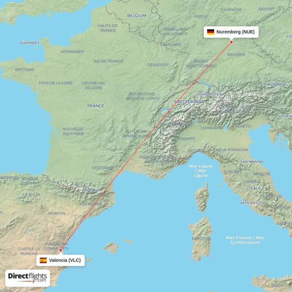 Valencia - Nuremberg direct flight map