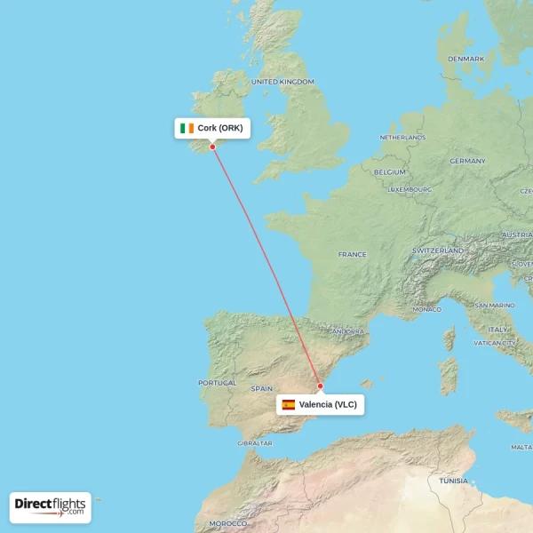 Valencia - Cork direct flight map