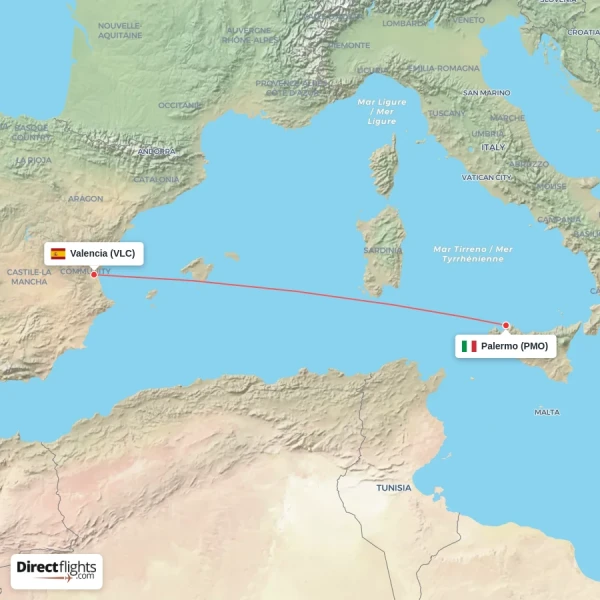 Valencia - Palermo direct flight map