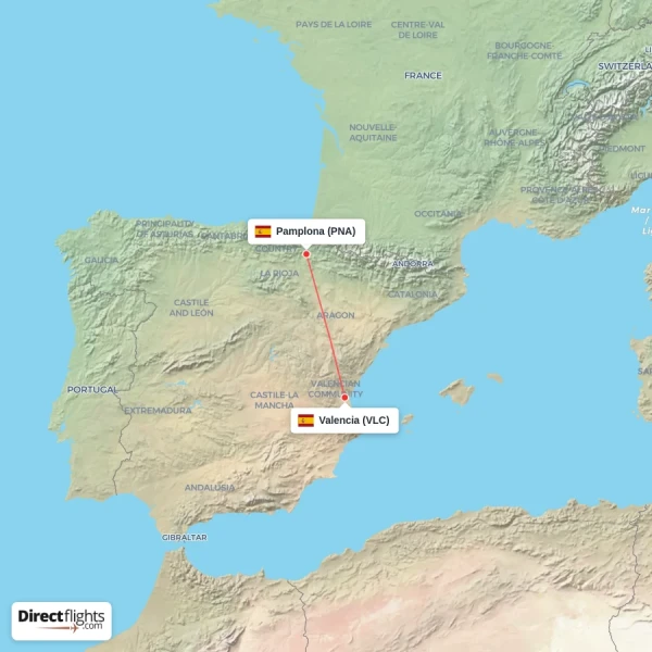 Valencia - Pamplona direct flight map