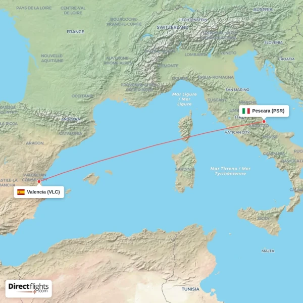 Valencia - Pescara direct flight map