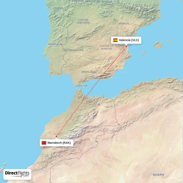 Valencia - Marrakech direct flight map