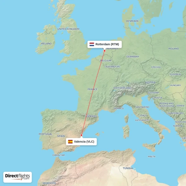 Valencia - Rotterdam direct flight map