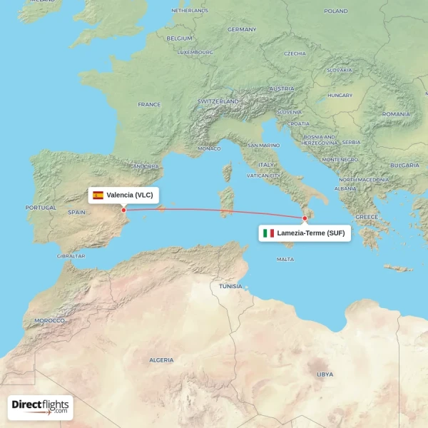 Valencia - Lamezia-Terme direct flight map