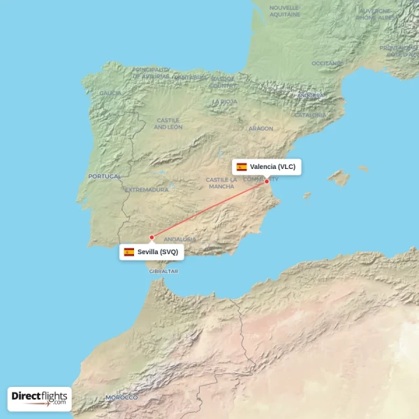 Valencia - Sevilla direct flight map