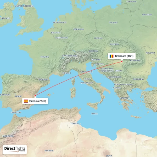 Valencia - Timisoara direct flight map