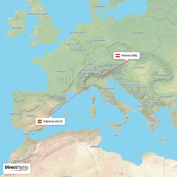 Valencia - Vienna direct flight map