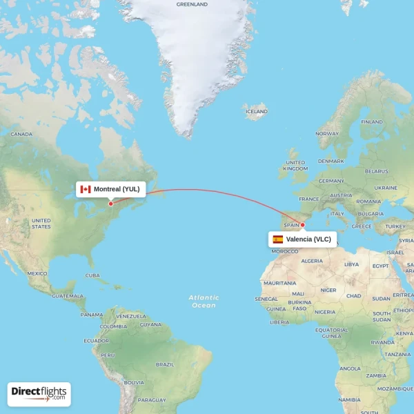 Valencia - Montreal direct flight map