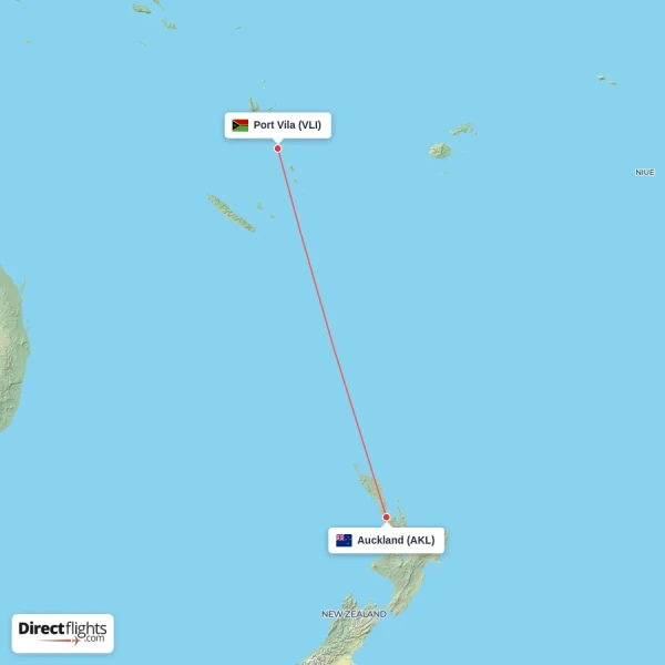 Port Vila - Auckland direct flight map