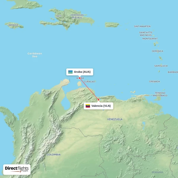Valencia - Aruba direct flight map