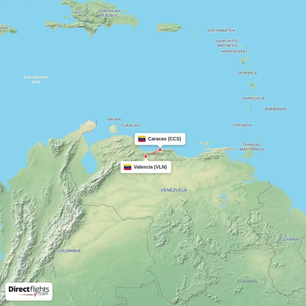 Valencia - Caracas direct flight map
