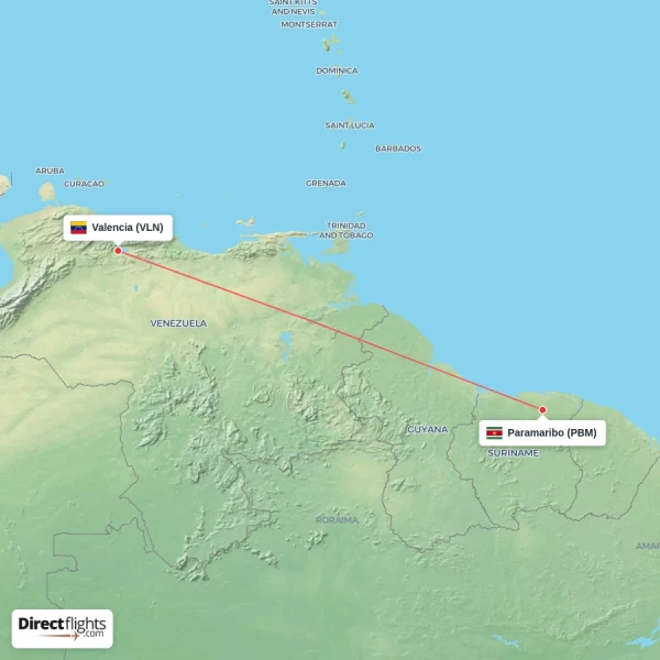 Valencia - Paramaribo direct flight map