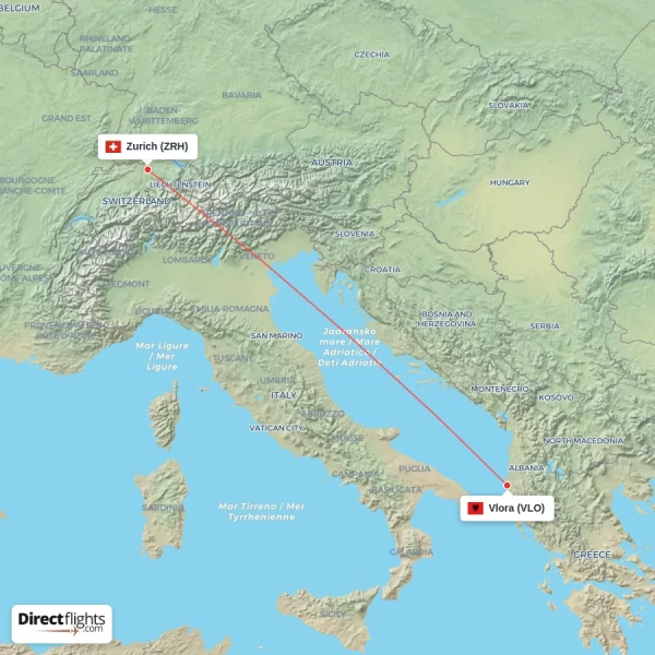 Vlora - Zurich direct flight map