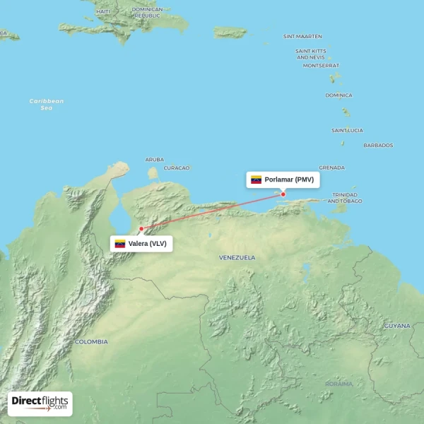 Valera - Porlamar direct flight map