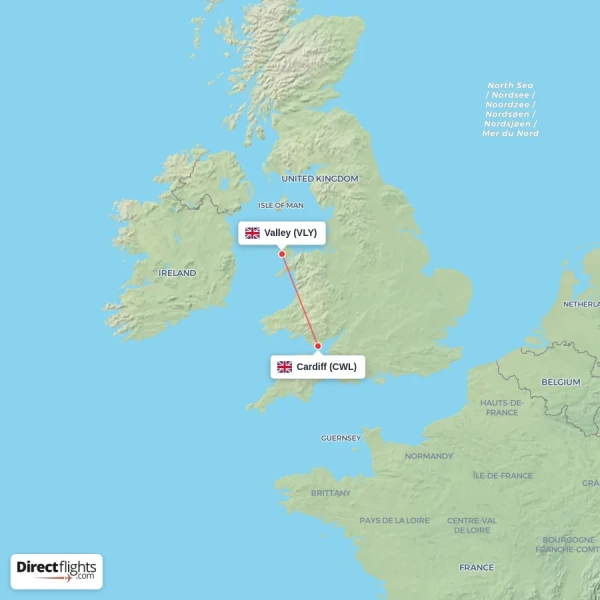 Valley - Cardiff direct flight map