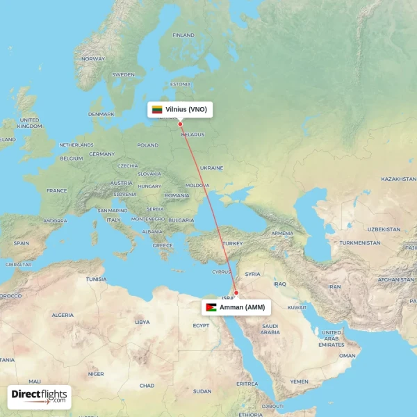 Vilnius - Amman direct flight map