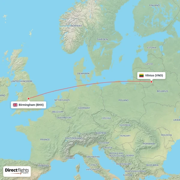Vilnius - Birmingham direct flight map