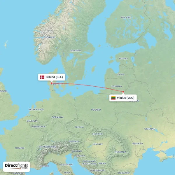Vilnius - Billund direct flight map