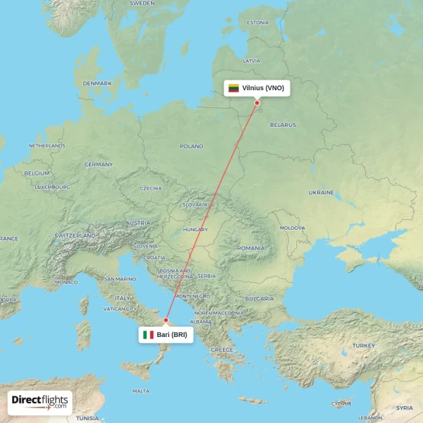 Vilnius - Bari direct flight map