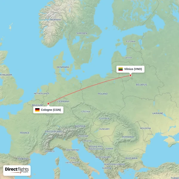Vilnius - Cologne direct flight map