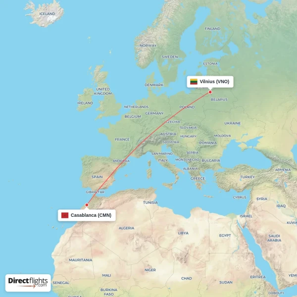 Vilnius - Casablanca direct flight map
