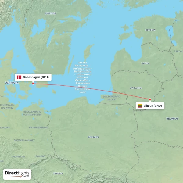 Vilnius - Copenhagen direct flight map