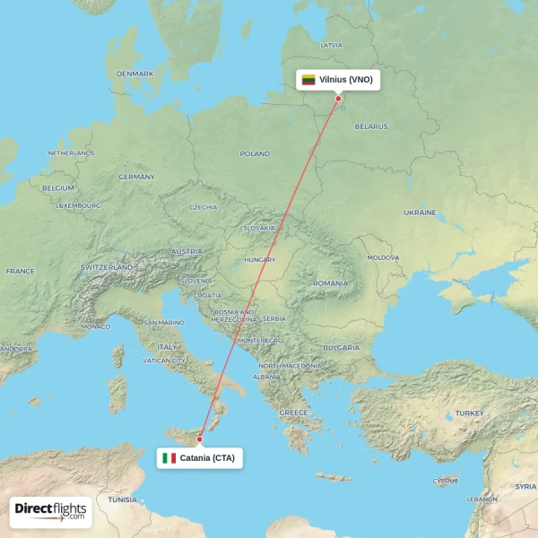 Vilnius - Catania direct flight map