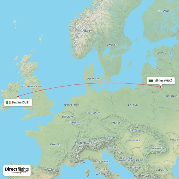 Vilnius - Dublin direct flight map